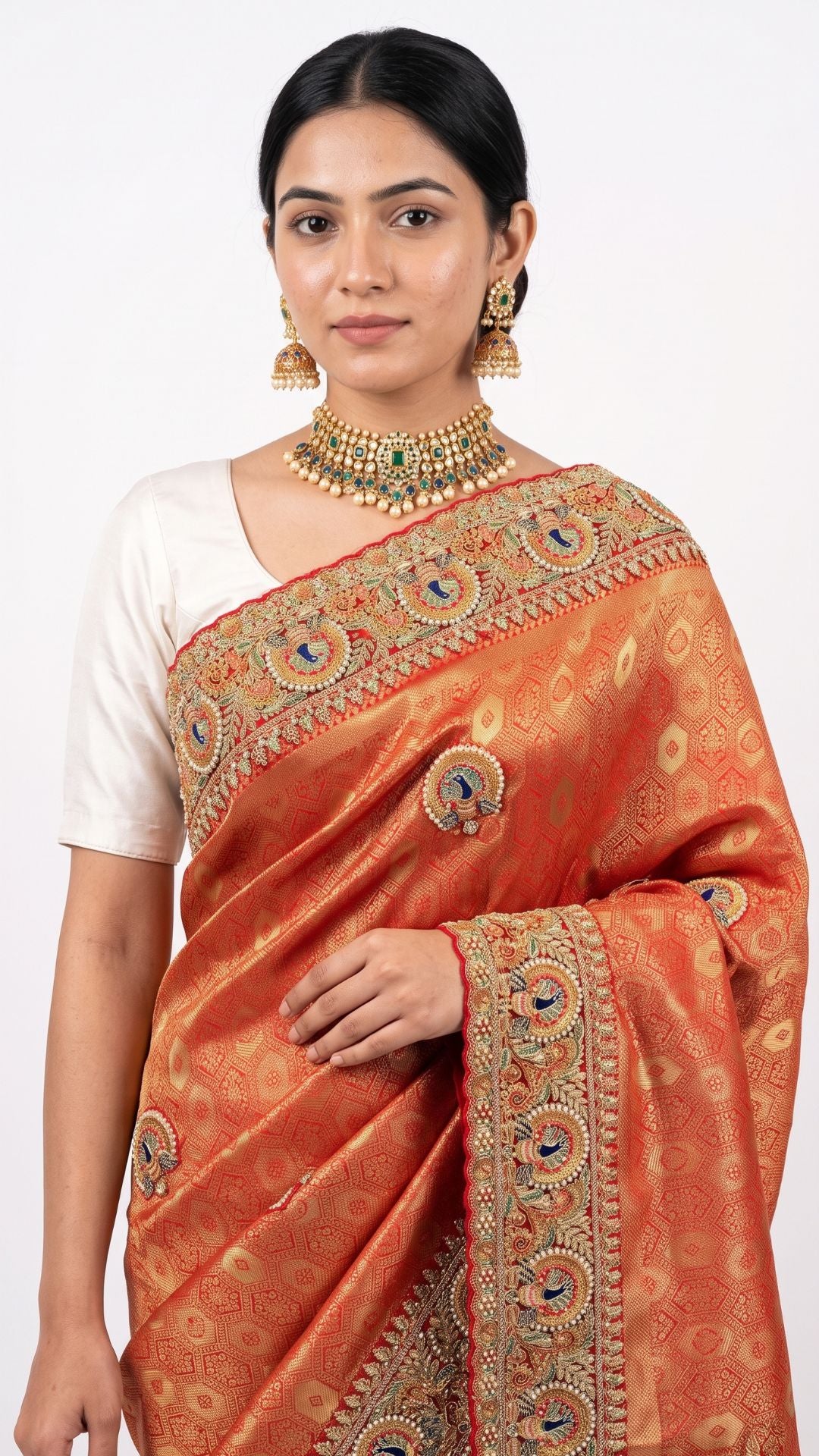 Orange Banarasi Silk Unstitched Saree with Dupatta Embellished with Moti & Zari Work